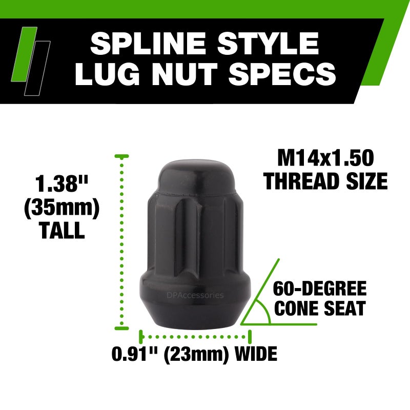 DPAccessories Black M14x1.50 Lug Nuts for Aftermarket Wheels - Closed End Duplex Spline Tuner - 35mm (1.38") Tall - Set of 20 - LCS3N8HE2BK04020 - Image 3